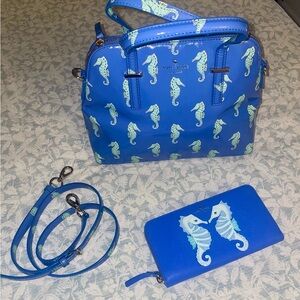 Kate Spade Blue Cedar Street Seahorse Bag and Wallet Bundle